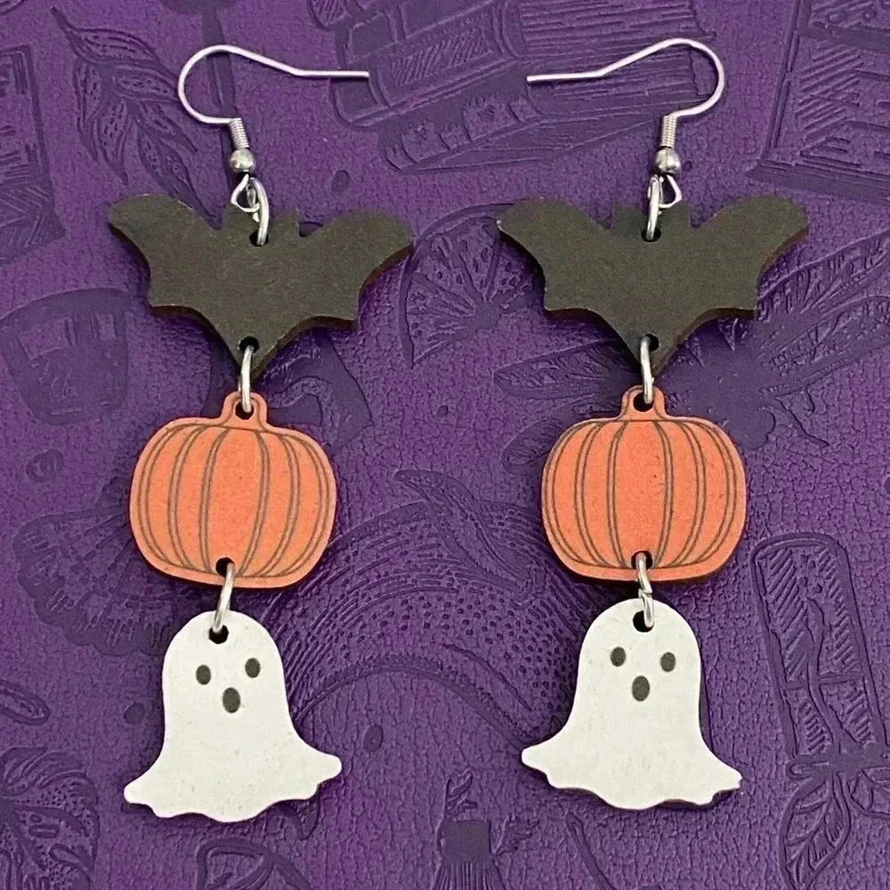 Bat Pumpkin Ghost Wooden Drop Halloween Earrings NEW